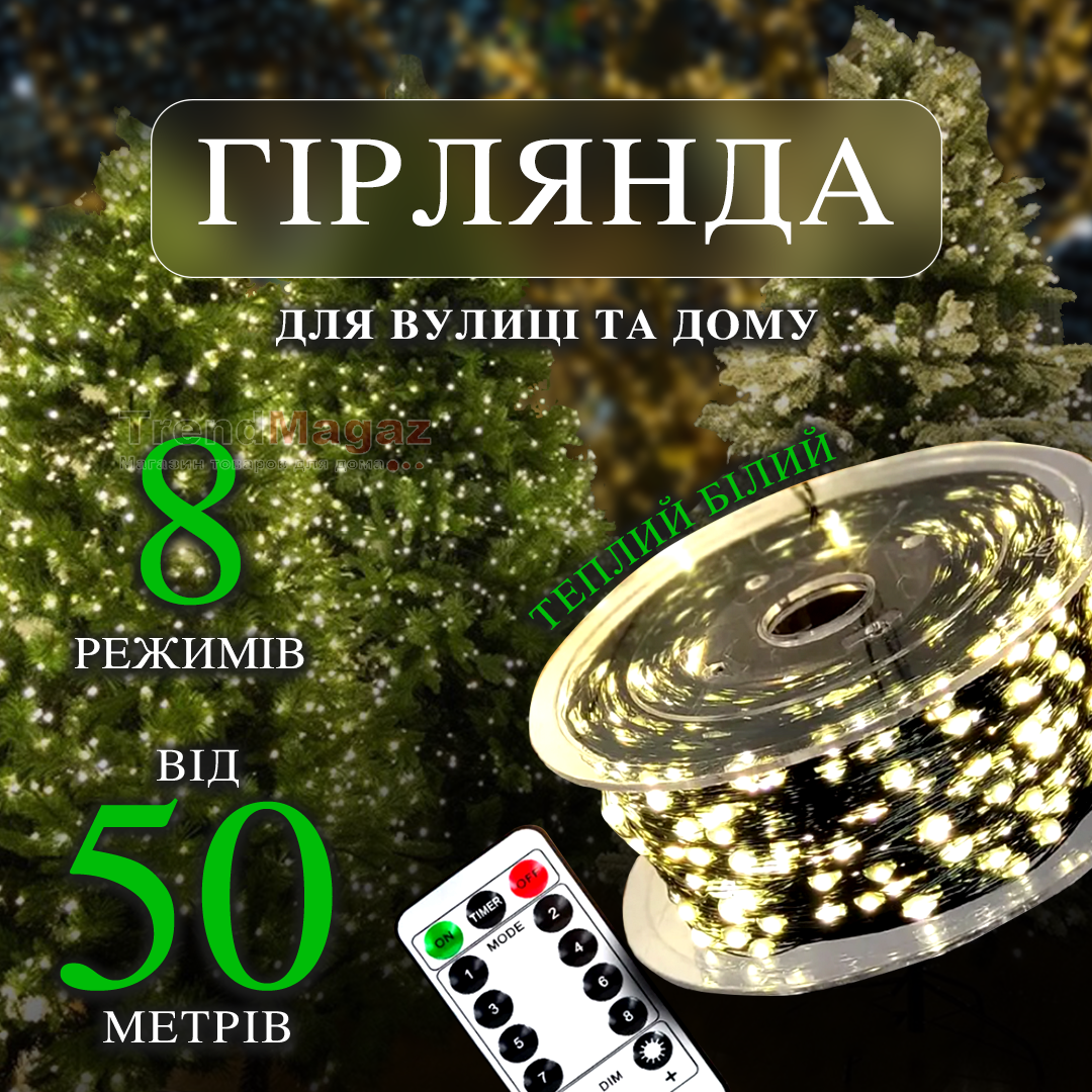 Світлодіодна гірлянда нитка «Роса» 50/100м 500/1000 LED 8 режимів Теплий білий Світлодіодна гірлянда нитка «Роса» 50/100м 500/1000 LED 8 режимів Теплий білий